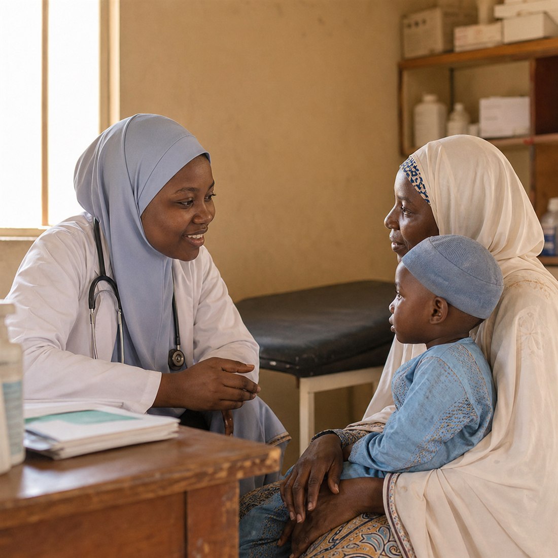 A clinician consulting with a mother and child